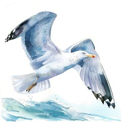 A watercolor painting of a seagull flying over the ocean. The seagull is white with gray wings and a yellow beak. The ocean is blue and white.