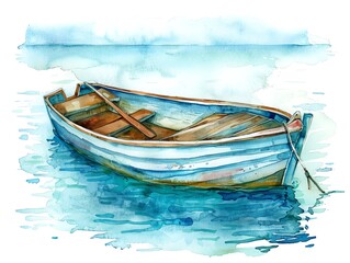 A watercolor painting of a boat on a calm sea