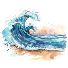 A watercolor painting of a large wave crashing on the shore