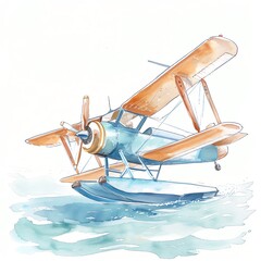 A beautiful watercolor painting of a vintage seaplane taking off from the water