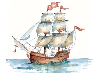 Ahoy there, mateys! This here be a watercolor painting of a pirate ship, sailing on the high seas in search of adventure and treasure
