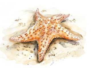 A watercolor painting of a starfish on sand. The starfish is orange with white tips on its arms. The sand is light brown and there are a few pebbles.