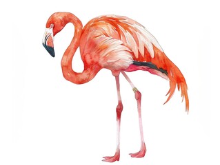A watercolor painting of a flamingo. The flamingo is pink with black wing tips and a black beak. It is standing on one leg in a graceful pose. The background is white.