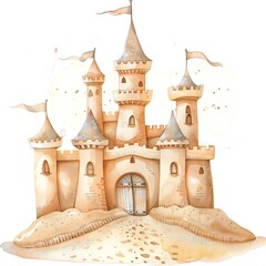 A beautiful watercolor illustration of a sandcastle, with a large gate and four turrets. The castle is decorated with flags and has a sandy beach in front of it.
