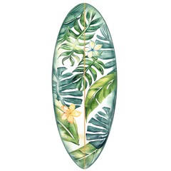 Enhance the surfboard image with tropical leaves and flowers. Make it look realistic, detailed, and vibrant.