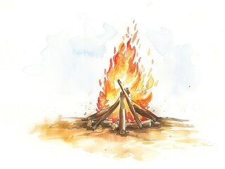 A watercolor painting of a campfire. The fire is burning brightly, and the flames are licking at the logs. The ground around the fire is covered in ashes and embers.