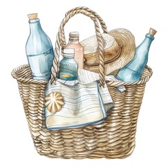 A beautiful watercolor painting of a wicker beach bag filled with a straw hat, sunscreen, a sarong, and two bottles of water