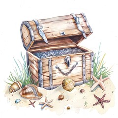 A wooden treasure chest filled with gold coins and pearls. The chest is sitting on the sand, surrounded by seashells and starfish.
