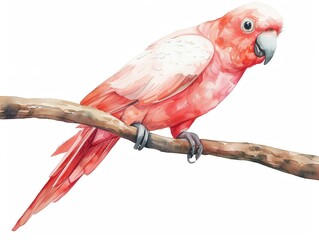 A pink parrot is sitting on a branch. The parrot has a white belly and a grey beak. The branch is brown and has a few leaves. The background is white.