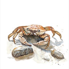 A watercolor painting of a crab on the beach. The crab is brown and has large claws. It is standing on a rock and there are other rocks and sand around it. The background is white.