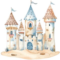 A beautiful watercolor castle with blue and brown accents. The castle is surrounded by a sandy beach and has a large door in front.
