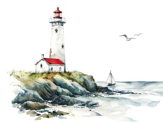 Lighthouse by the rocky coast. Red roof.watercolor.