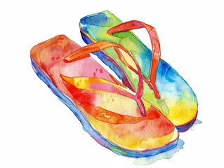 Create a watercolor painting of a pair of flip-flops. The flip-flops should be brightly colored and have a tropical feel. The background should be a solid white.