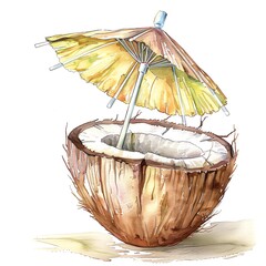 Watercolor painting of a coconut drink with a straw and a yellow umbrella.