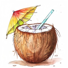A watercolor painting of a coconut drink with a straw and an umbrella.