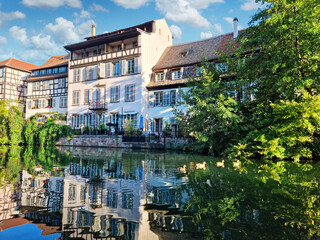 Le Petite France, the most picturesque district of old Strasbourg. Half-timbered houses with...