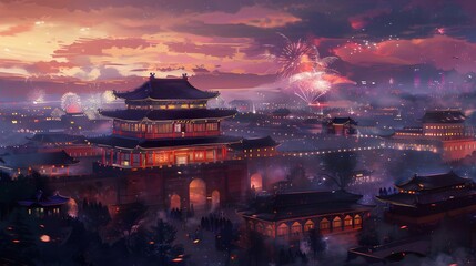 Watercolor traditional building fireworks illustration poster background