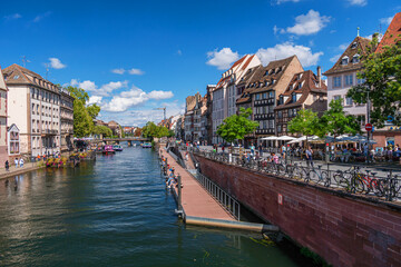 Le Petite France, the most picturesque district of old Strasbourg. Houses along the Ill river...