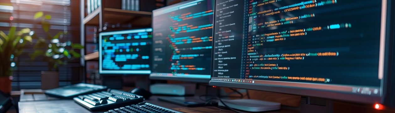A software development office where a graph of code efficiency metrics moves towards the front, driving the debugging process