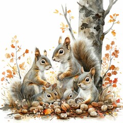 Watercolor painting of a group of squirrels gathering nuts in an autumn forest, on isolated white background, Generative AI