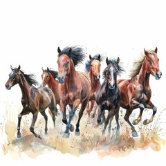 Watercolor painting of a herd of wild horses galloping across a field, on isolated white background, Generative AI