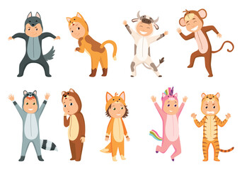 Children animal costumes. Colorful set of different animal wearing suits for party wolf and cat, cow and raccoon, monkey and bear, fox and rhinoceros, tiger. Isolated flat vector design