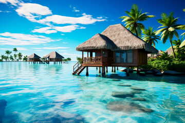 Overwater villas in luxury tropical resort, perfect for honeymoon vacation in tropical island
