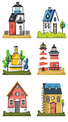 Collection six colorful buildings includes lighthouse, schoolhouse, church, homes, uniquely designed. Iconic structures rendered playful, cartoonish style ideal educational decorative purposes