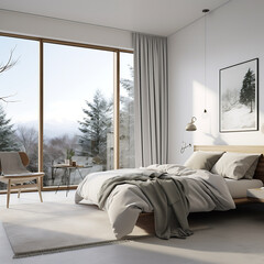 Interior of a modern bedroom with a wooden floor, a large bed and a panoramic window.