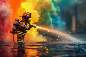 Dramatic scene of a firefighter using a hose to extinguish a raging fire, capturing the intensity and heroism of emergency response.