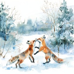 Watercolor painting of a pair of foxes frolicking in a snowy landscape, on isolated white background, Generative AI