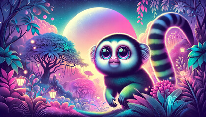 Neon-hued animal marmoset set within a fantastical landscape filled with rainbows