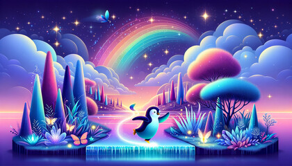 Neon-hued animal penguin set within a fantastical landscape filled with rainbows