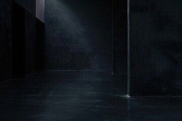 Atmospheric dark hallway with mist, featuring sleek modern architecture and ambient lighting, ideal for mystery or thriller scenes.

