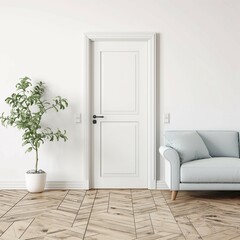Cozy sofa next to room door, white blank wall,