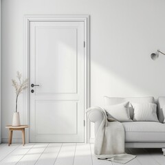 Cozy sofa next to room door, white blank wall,