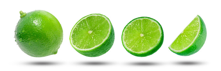 Flying lime has water drop with slices collection and shadow isolated on white background.