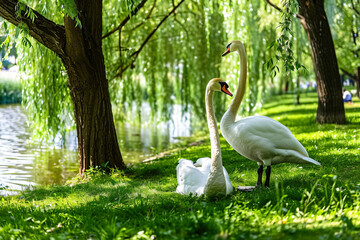 two swans are standing in the grass near a pond