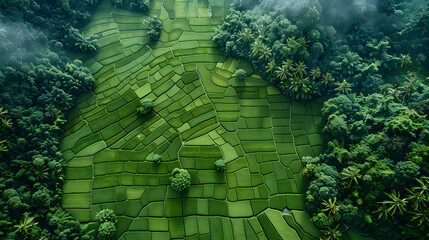 Top view of organic rice fields landscape.
