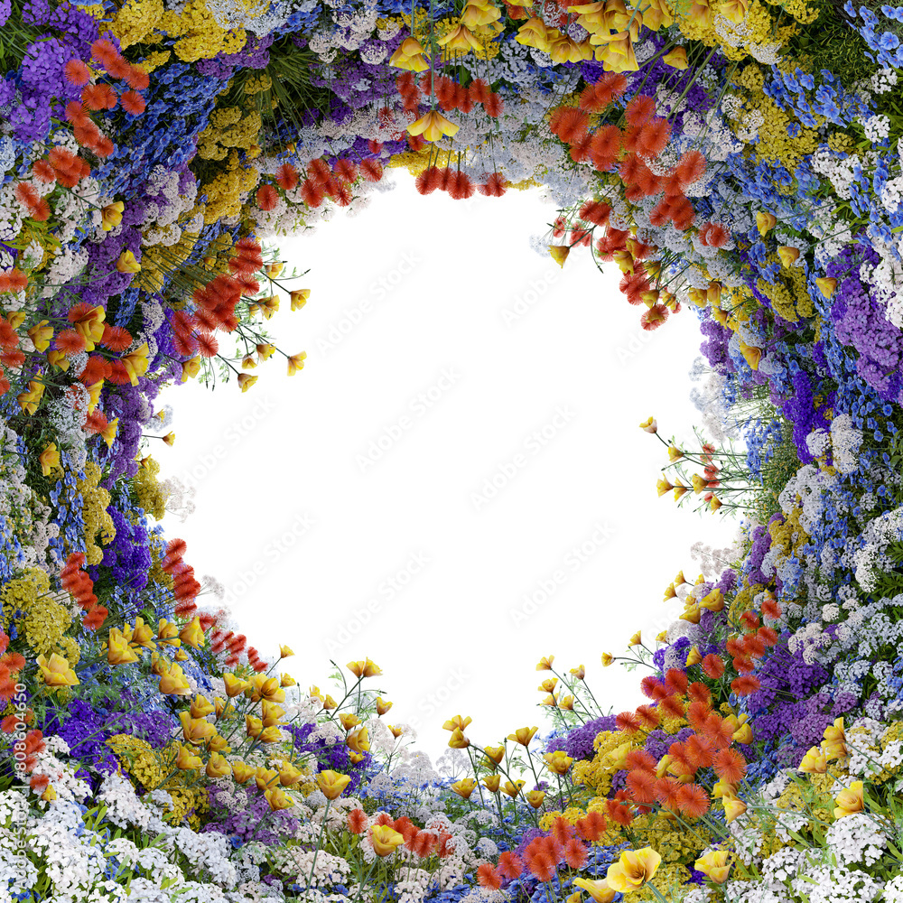 Poster colorful flowers are arranged in a circular shape from above use for decoration with isolated on tra