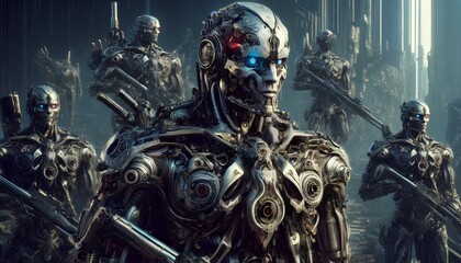 the images of the fantasy cyborg warriors, blending advanced mechanical enhancements with human features. These warriors are set in a futuristic battlefield