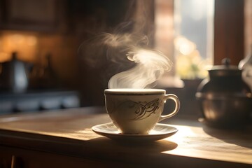 A steaming cup of tea, with delicate swirls of steam rising from the surface, set against a backdrop of a cozy, sunlit kitchen.
