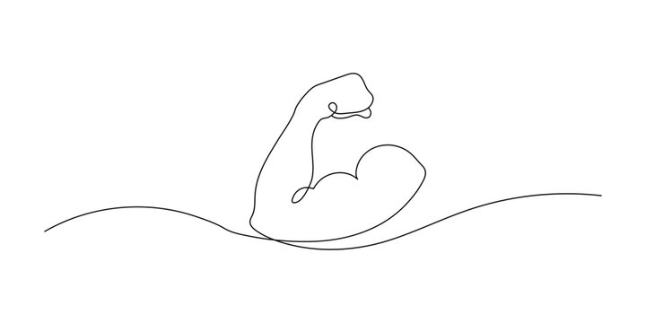 Man's hand shows a fist on the biceps in line style. Continuous one line vector drawing concept of strength and masculinity, sport.