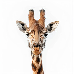 a giraffe with a white background and a white sky