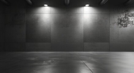 A large, empty room with three lights shining on the wall. The room is dark and empty, with no furniture or people visible. Scene is somber and quiet, with the lights casting a harsh
