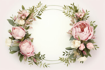 Peonies and roses floral round frame. Delicate pink flowers and foliage in circle with space for text. Wedding invitation template