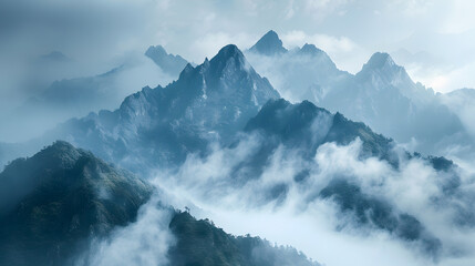 A photo featuring majestic mountains in a misty morning atmosphere. Highlighting the rugged peaks of the mountains, while surrounded by swirling clouds