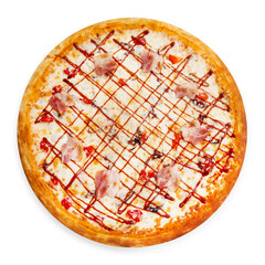 Pizza with bacon, cheese and tomato sauce, top view, on a white background, isolation.