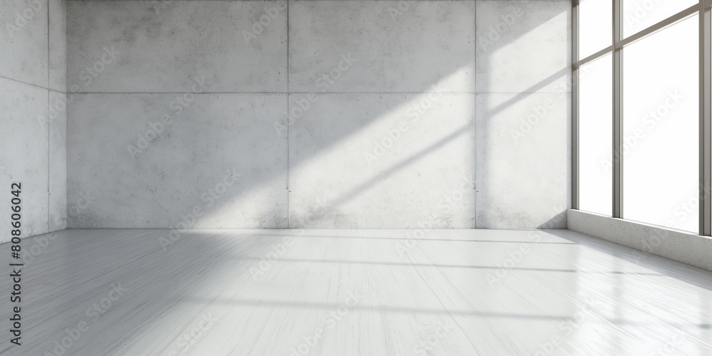 Poster a large, empty room with a window in the corner,empty with concrete ceiling and floor, large window 