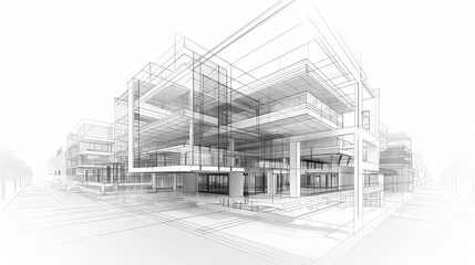 Engineering Architecture Wireframe: A 3D illustration showcasing wireframe models of building